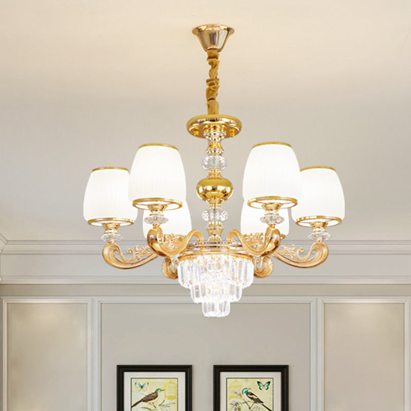 Modern Carved Arm Bedroom Chandelier: Milk Glass 6 Bulbs Gold Crystal Hanging Light