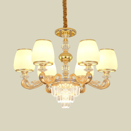 Modern Carved Arm Bedroom Chandelier: Milk Glass 6 Bulbs Gold Crystal Hanging Light