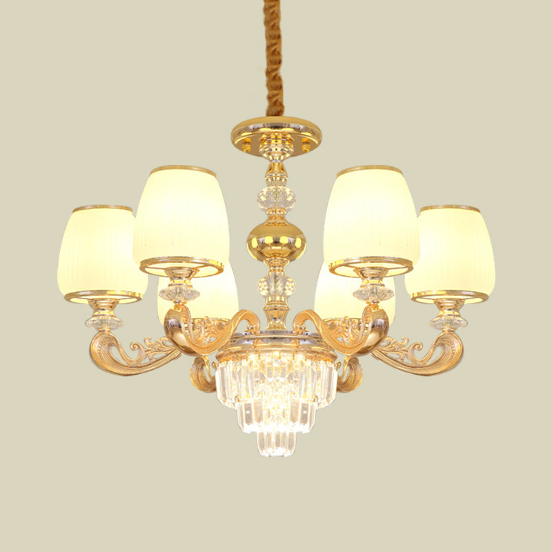 Modern Milk Glass Arm Chandelier With 6 Gold Crystal Bulbs - Elegant Bedroom Hanging Light