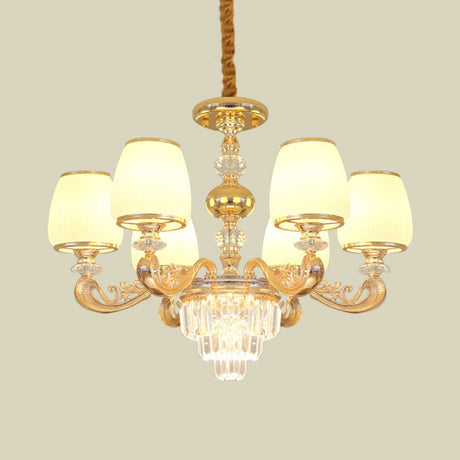 Modern Milk Glass Arm Chandelier With 6 Gold Crystal Bulbs - Elegant Bedroom Hanging Light