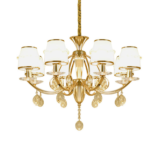 Modern 8-Light Gold Chandelier With White Glass Shade - Cut Crystal Hanging Lamp