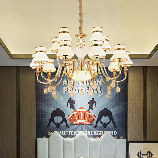 Curvy Arm Suspension Chandelier With 15 Opal Glass Bulbs - Gold Finish