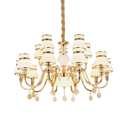 Curvy Arm Suspension Chandelier With 15 Opal Glass Bulbs - Gold Finish