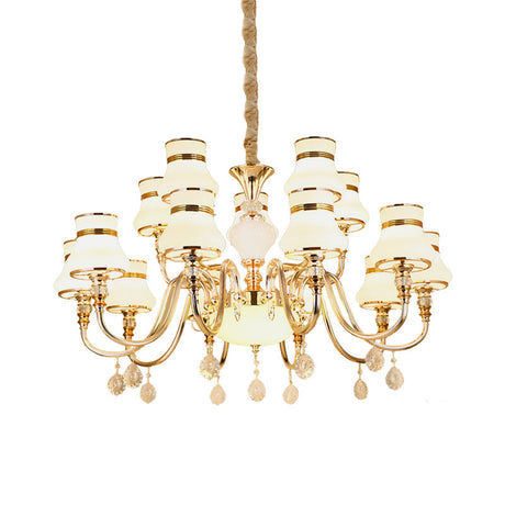 Sleek Curvy Arm Suspension Lamp With 15 Opal Glass Bulbs - Gold Finish