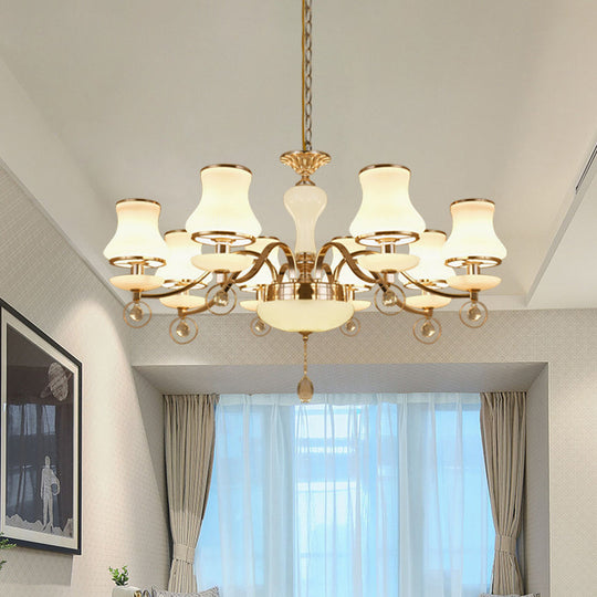 Modernist Flared Crystal Chandelier With White Glass 8 Heads - Champagne Ceiling Suspension Lamp