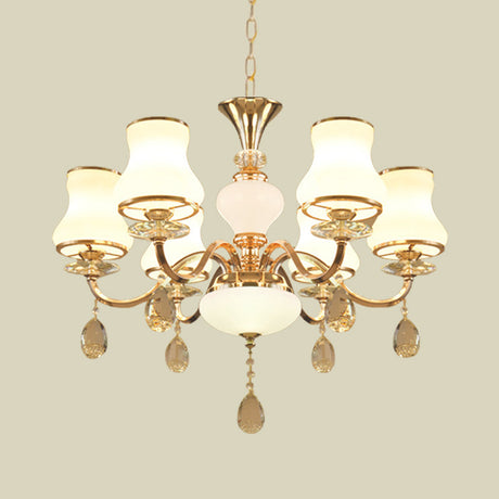 Sleek Opal Glass 6-Light Crystal Ceiling Light - Champagne Bell Hanging Chandelier For Bedrooms