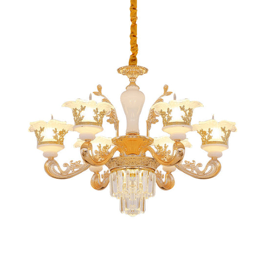 Modern Crystal Chandelier With Carved Frosted Glass Shade - 6 Bulbs Pendant In Gold For Bedroom