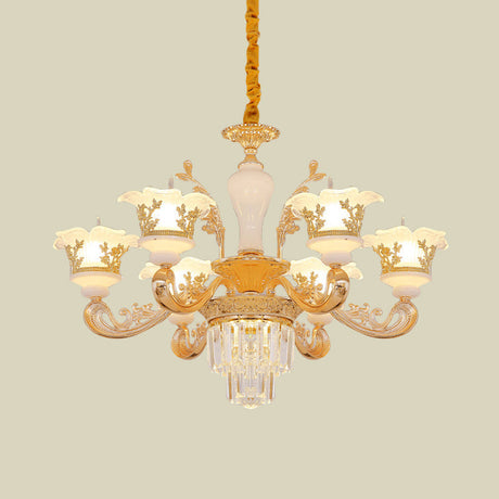 Modern Crystal Chandelier With Carved Frosted Glass Shade - 6 Bulbs Gold Pendant For Bedroom
