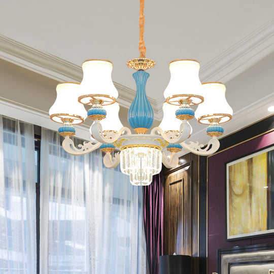 Contemporary 6-Head Blue And White Chandelier With Opal Glass Crystal Pendant Blue-White