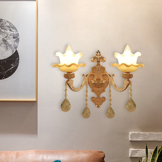 Gold Crystal Wall Sconce With Frosted Glass Shade - Perfect For Living Rooms 2 Bulbs Included!