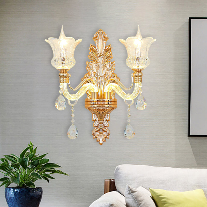 Floral Wall Sconce With Luminous Arm And Clear Crystal Glass - 2 Light Option