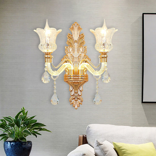 Floral Wall Sconce With Luminous Arm And Clear Crystal Glass - 2 Light Option