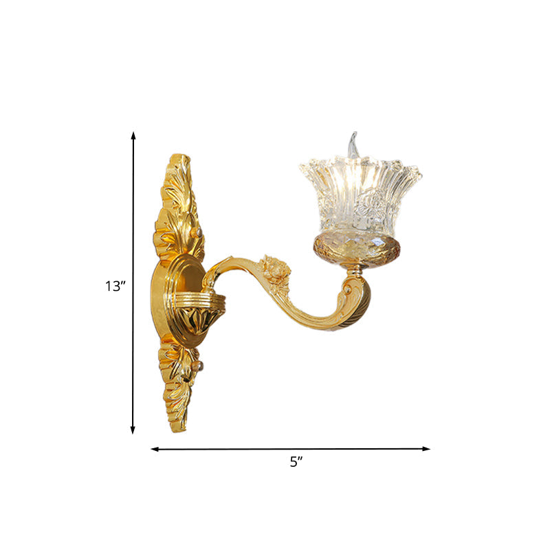 Crystal Glass Sconce: Single Bulb Gold Flower Wall Light With Swooping Arm