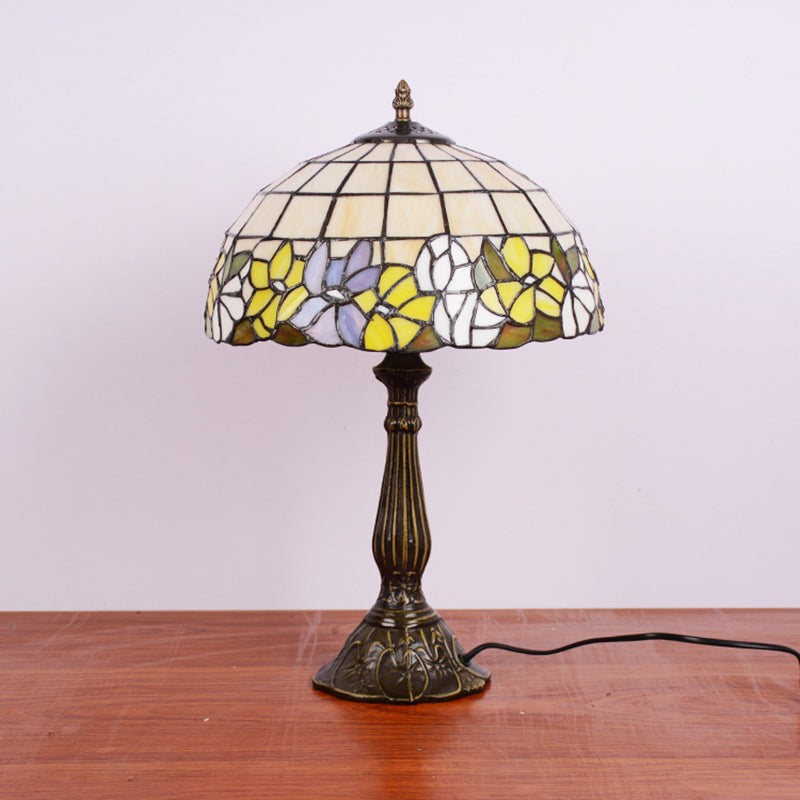 Tiffany Cut Glass Night Lamp With Gridded Bronze Shade - Flower-Border Design