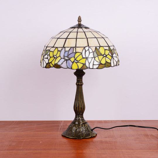 Tiffany Cut Glass Night Lamp With Gridded Bronze Shade - Flower-Border Design