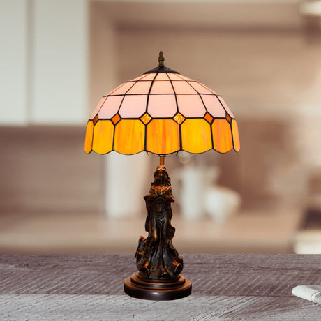 Vintage Resin Bronze Angel Girl Table Lamp With Orange And White Grid Glass Shade - Night Stand