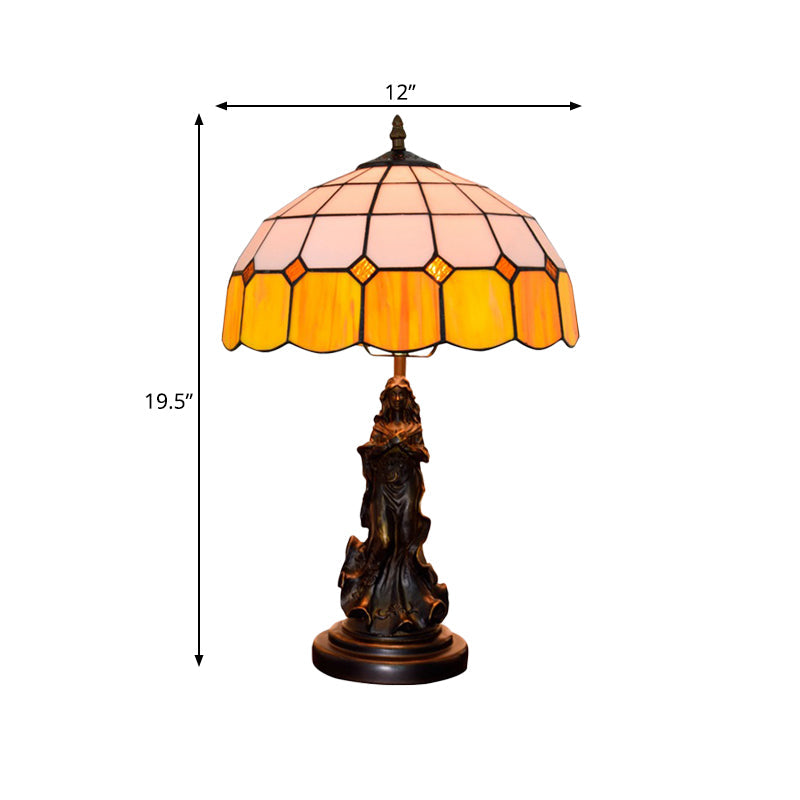 Vintage Resin Bronze Angel Girl Table Lamp With Orange And White Grid Glass Shade - Night Stand