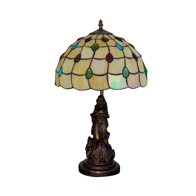 Asellus Secundus - Cabochons Grid Night Light 1-Light Tiffany Table Lamp With Angel Decor
