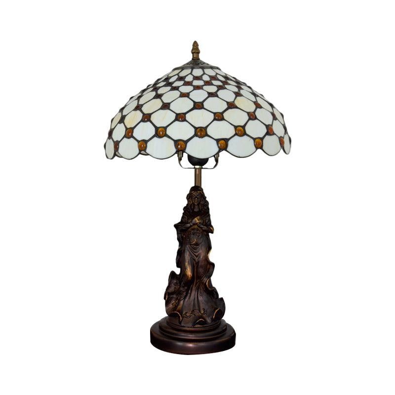 Asellus Secundus - Cabochons Grid Night Light 1-Light Tiffany Table Lamp With Angel Decor