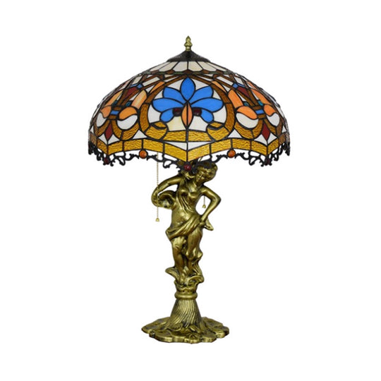 Baroque Blue/White-Brown Glass Parrot Table Lamp With Scalloped-Trim Netting: 3-Light Bronze