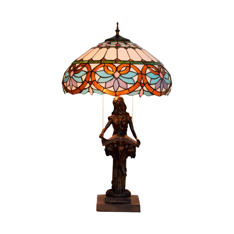 Isla - Girl Studying Tiffany-Style Table Light: 2-Bulb Resin Night Lamp With