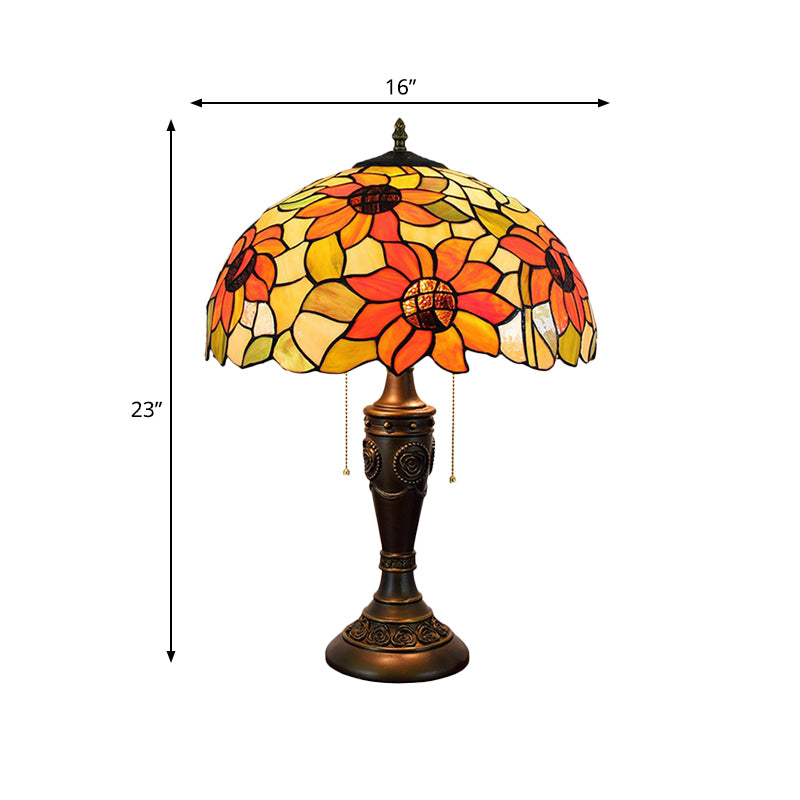 Annabelle - Red/Orange Glass Tiffany Night Lamp With Carved Base
