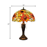 Red/Orange Glass Tiffany Night Lamp - 2 Lights Bronze Pull Chain Carved Base
