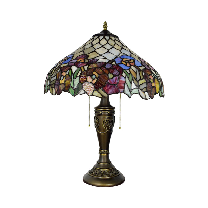 Grazia - Victorian Barn Shade Pull-Chain Night Light Stained Floral Glass 2-Bulb Bronze Table Lamp