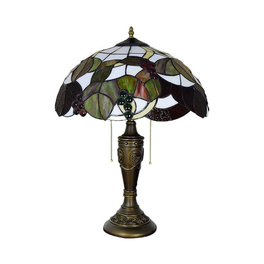 Aubrey - Tiffany 2 Heads Bowl Pull Chain Table Lighting Brown/White-Brown Glass Nightstand Lamp