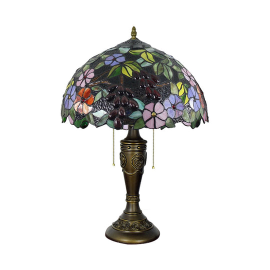 Aubrey - Tiffany 2 Heads Bowl Pull Chain Table Lighting Brown/White-Brown Glass Nightstand Lamp