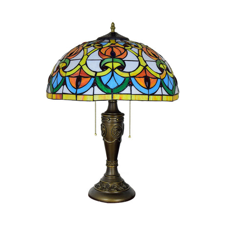 2-Light Tiffany Bronze Pull Chain Nightstand Lamp With Stained Art Glass Shade
