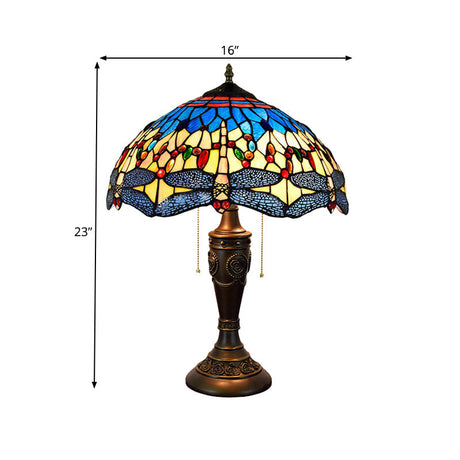 Mediterranean Dragonfly Jeweled Table Lamp - Blue-Green/Yellow-Blue Glass Nightstand Light With Pull