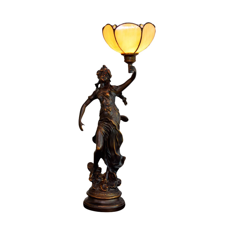 Emily - Tiffany Yellow/White-Brown Glass Table Lamp With Greek Woman Statue