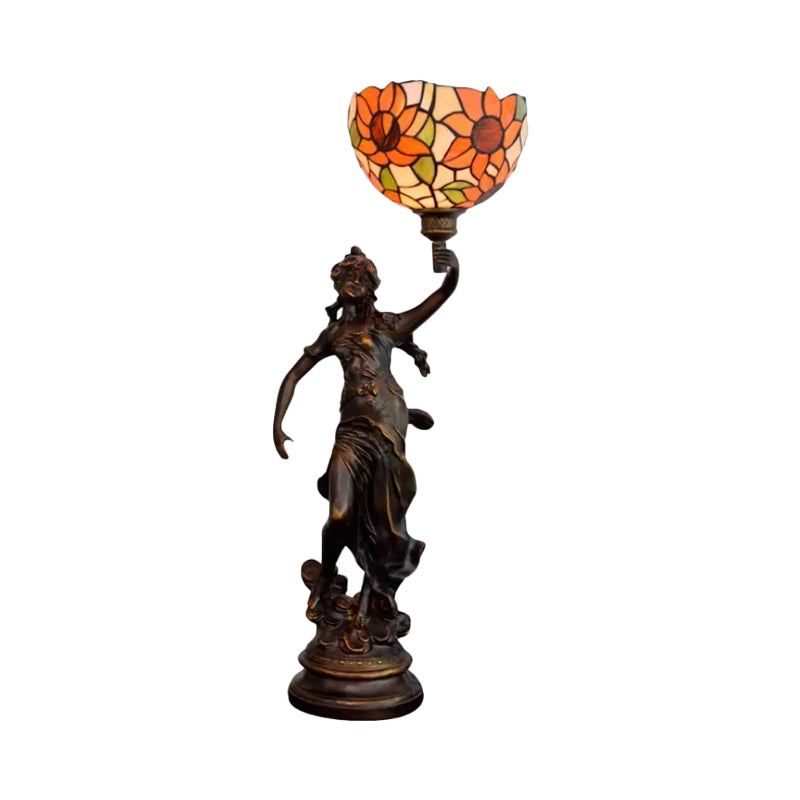 Suhail - Sunflower Inverted Bell Table Lighting 1-Light Orange/Yellow-Blue Glass Tiffany Night Lamp