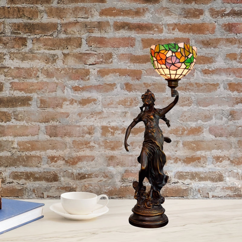 Raelynn - Resin Torchiere Table Light Tiffany 1 Bulb Bronze Nightstand Lamp With