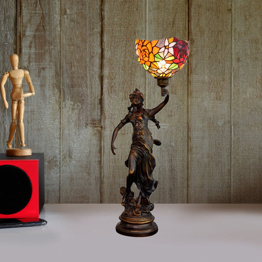 Clara - Tiffany-Tischbeleuchtung in Bronze mit Nachttischlampe mit Engelsstatue -