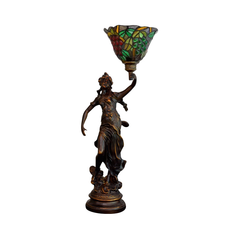 Clara - Tiffany-Tischbeleuchtung in Bronze mit Nachttischlampe mit Engelsstatue -