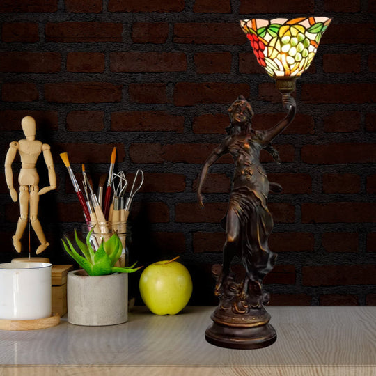 Clara - Tiffany-Tischbeleuchtung in Bronze mit Nachttischlampe mit Engelsstatue -