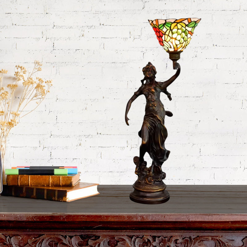 Clara - Tiffany-Tischbeleuchtung in Bronze mit Nachttischlampe mit Engelsstatue -