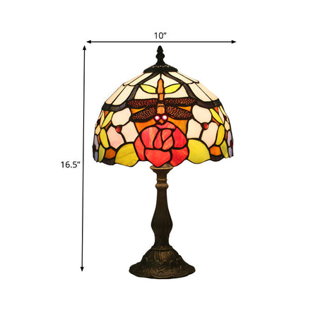 Bronze Domed Task Lighting - Mediterranean Art Glass Table Lamp With Rose And Dragonfly Pattern