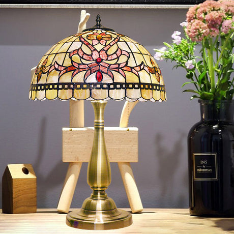 Vintage Floral Table Lamp With Dual Heads Pull Chain & Brushed Gold Finish - Perfect For Bedside