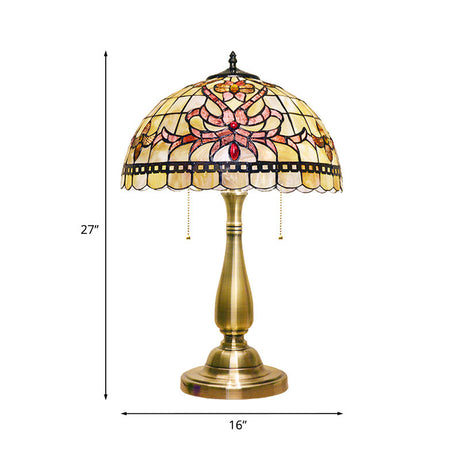 Vintage Floral Table Lamp With Dual Heads Pull Chain & Brushed Gold Finish - Perfect For Bedside