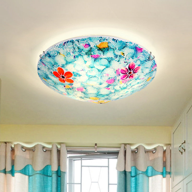 Hand - Cut Blue Glass Tiffany Flower Bowl Flush Light Fixture - 16’ Or 19.5’ Wide With 3 4