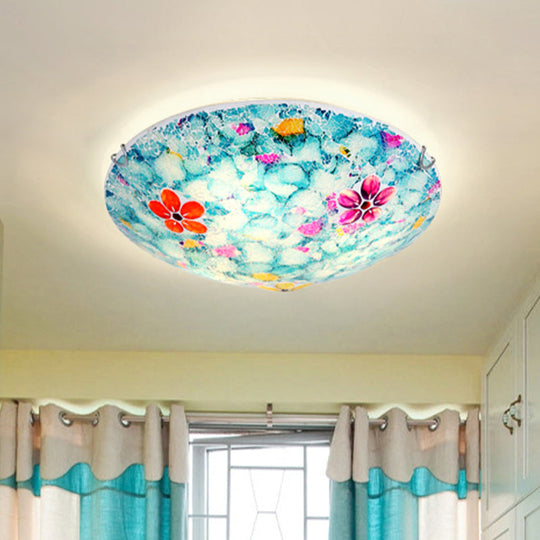 Hand - Cut Blue Glass Tiffany Flower Bowl Flush Light Fixture - 16’ Or 19.5’ Wide With 3 4