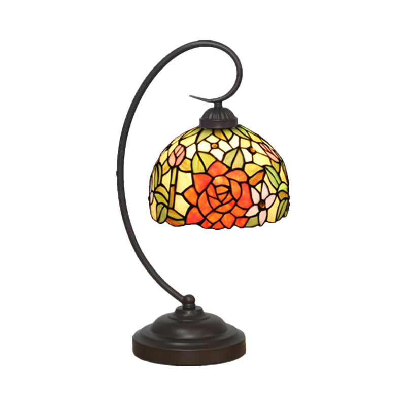 Hand Cut Glass Victorian Dome Shade Table Light With Rose Pattern - 1 Red/Orange Nightstand Lighting