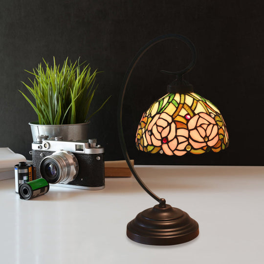 Tiffany Style Dome Cut Glass Table Lamp - Black/White Finish Rose Pattern Night Light