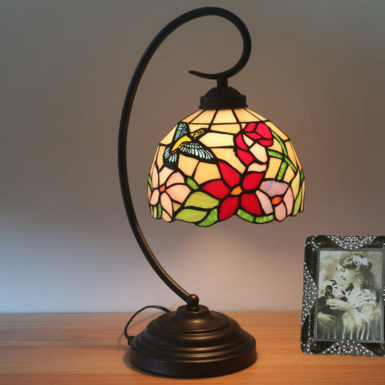 Red/Yellow Tiffany Style Hand Cut Glass Night Table Lamp With Blossom Pattern - Ideal Desk Lighting