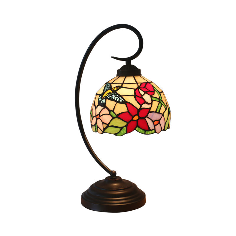 Red/Yellow Tiffany Style Hand Cut Glass Night Table Lamp With Blossom Pattern - Ideal Desk Lighting