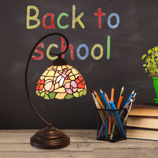 Mediterranean Cut Glass Domed Night Table Lamp - Dark Coffee Dragonfly And Flower Patterned Desk