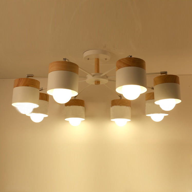 8 - Light Modern White Metal And Wood Semi Flush Chandelier - Stylish Ceiling Light Fixture